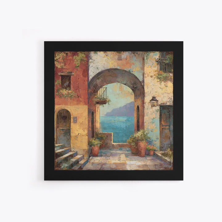 Mediterranean Arch Framing Blue Sea Framed Canvas Print, Italian Villa Art, Home Decor, Living Room Decor, Fine Art, Villa, IVA-1x1-80