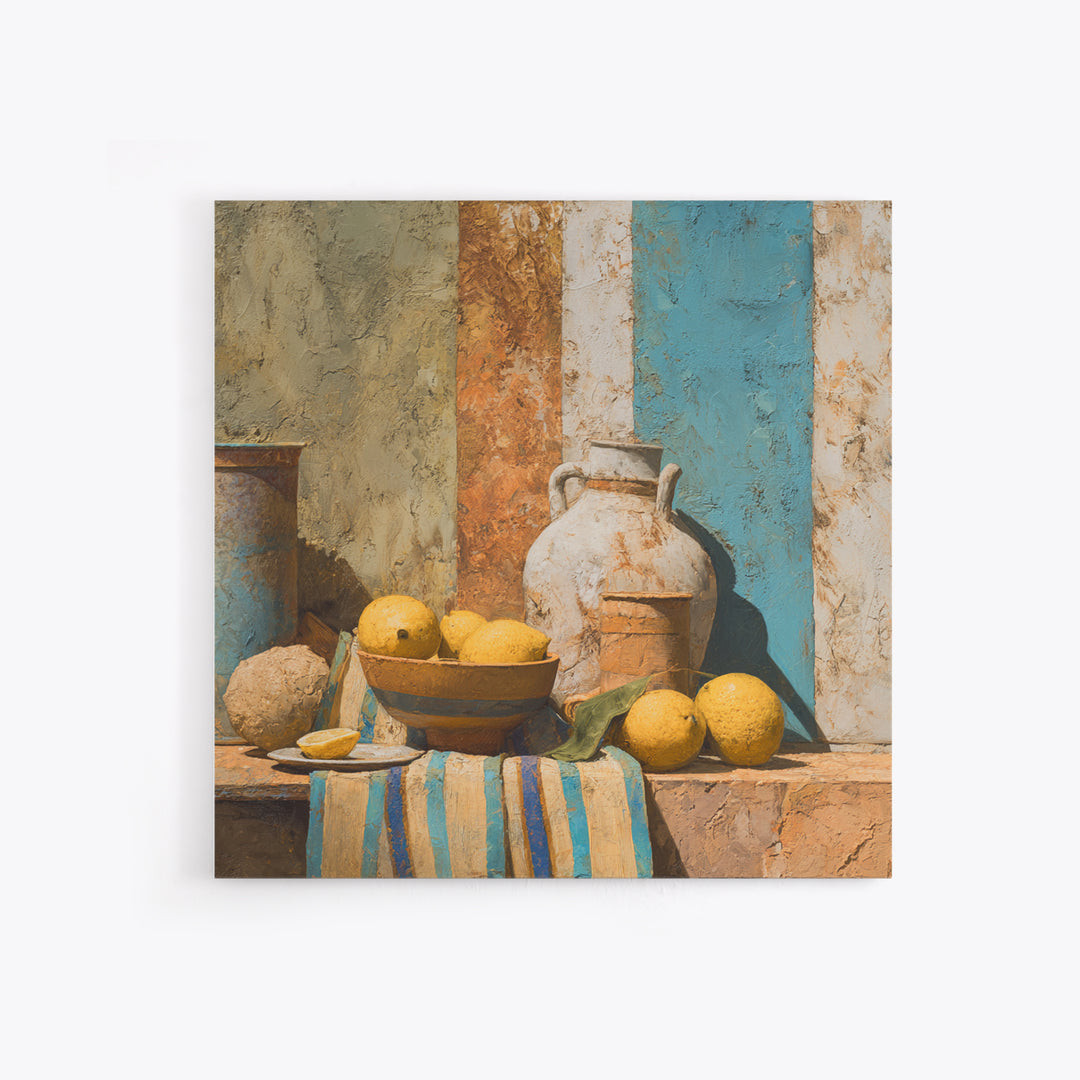 Coastal Lemons and Striped Cloth Arrangement Canvas Print, Italian Villa Art, Printable Wall Art, Living Room Decor, Villa, IVA-1x1-96
