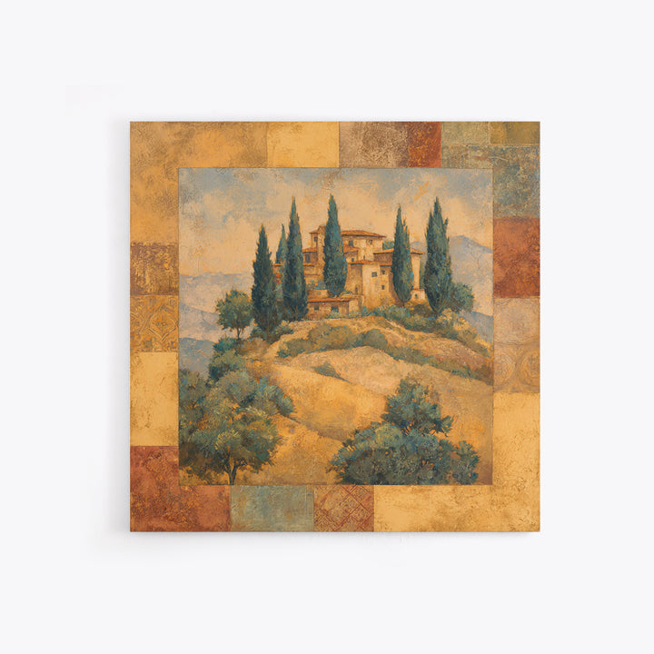 Tuscan Hillside with Cypress Trees and Golden Canvas Print, Italian Villa Art, Living Room Decor, Oil Painting, Villa, IVA-1x1-97