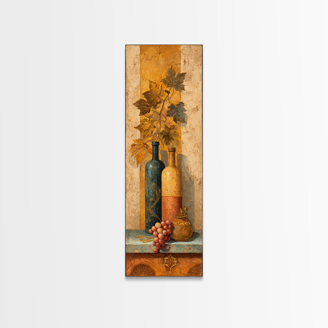 Grapevine and Wine Still Life on Linen Framed Canvas Print, Italian Villa Art, Digital Art Print, Living Room Decor, Villa, IVA-1x3-19