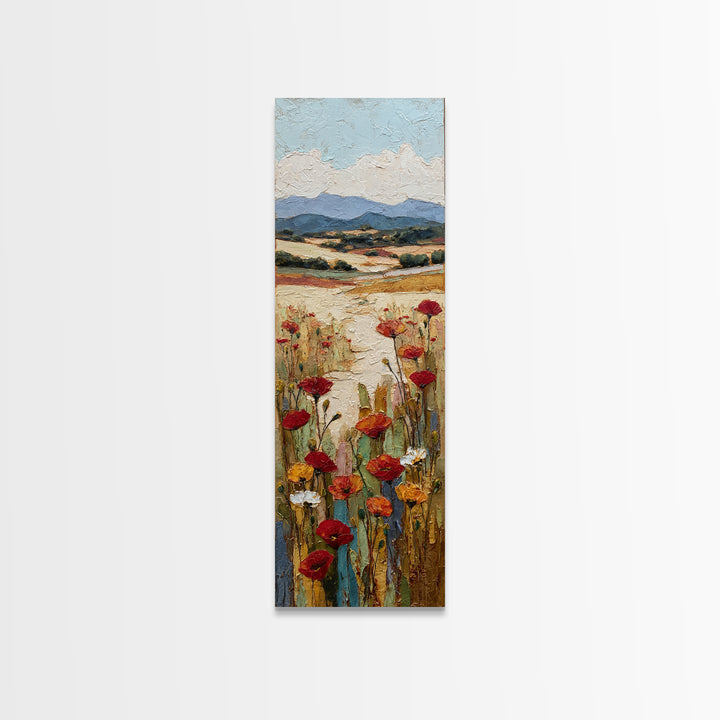 Tuscan Poppy Field Framed Canvas Print, Italian Villa Art, Travel Poster, Living Room Decor, Watercolor Art, Villa, IVA-1x3-3