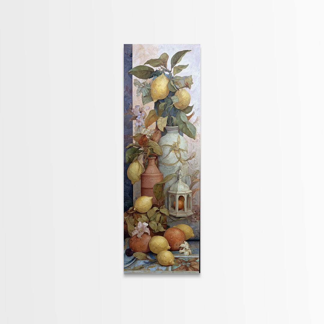 Coastal Lemons and Striped Cloth Arrangement Framed Canvas Print, Italian Villa Art, Landscape Print, Living Room Decor, Villa, IVA-1x3-36