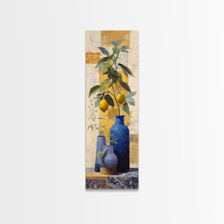 Lemon Branch in Blue Ceramic Vase Framed Canvas Print, Italian Villa Art, Gallery Wall Set, Living Room Decor, Oil Painting, IVA-1x3-62