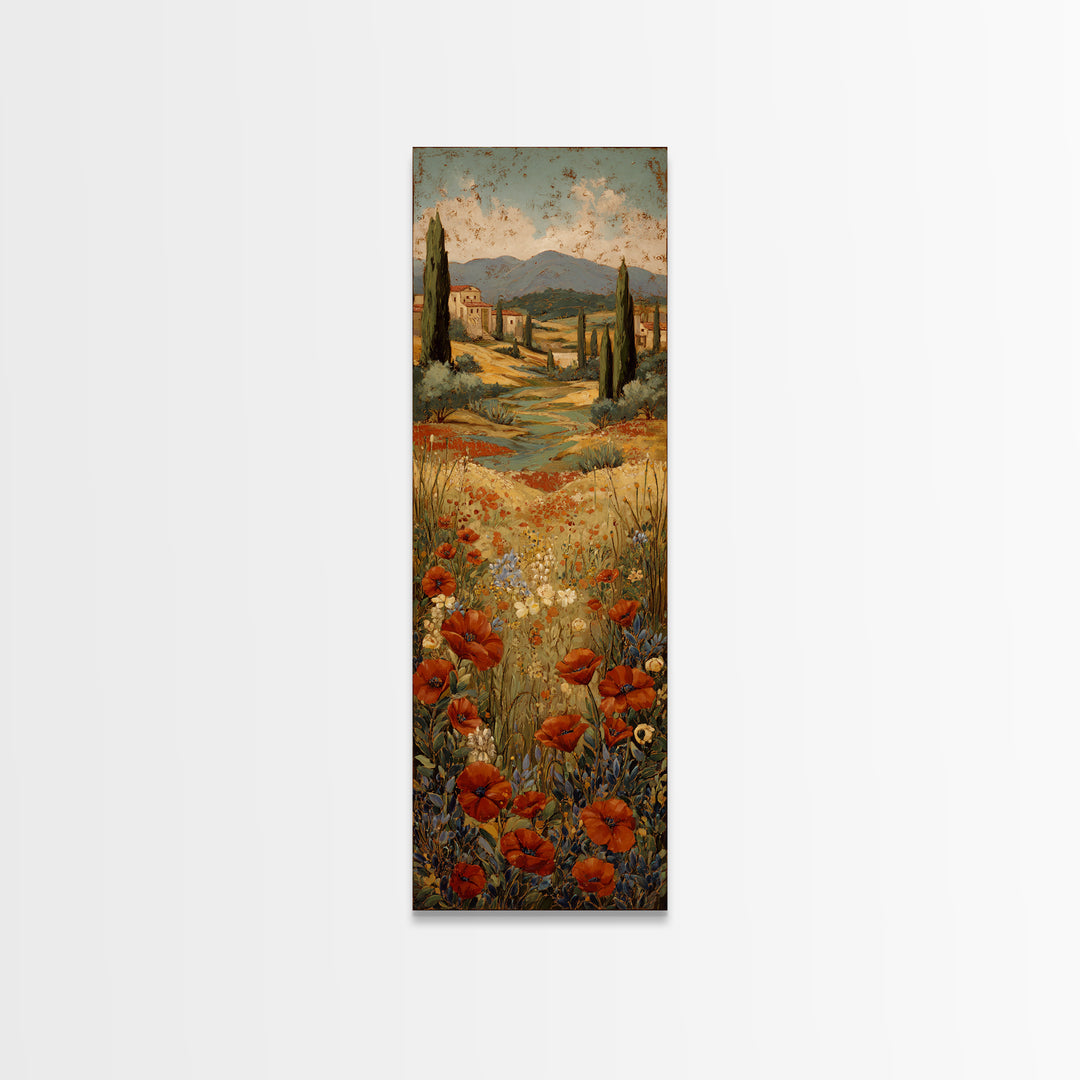 Tuscan Poppy Field Framed Canvas Print, Italian Villa Art, Printable Wall Art, Living Room Decor, Villa, Coastal Wall Art, IVA-1x3-75