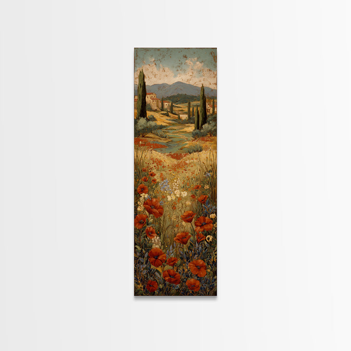 Tuscan Poppy Field Framed Canvas Print, Italian Villa Art, Printable Wall Art, Living Room Decor, Villa, Coastal Wall Art, IVA-1x3-75