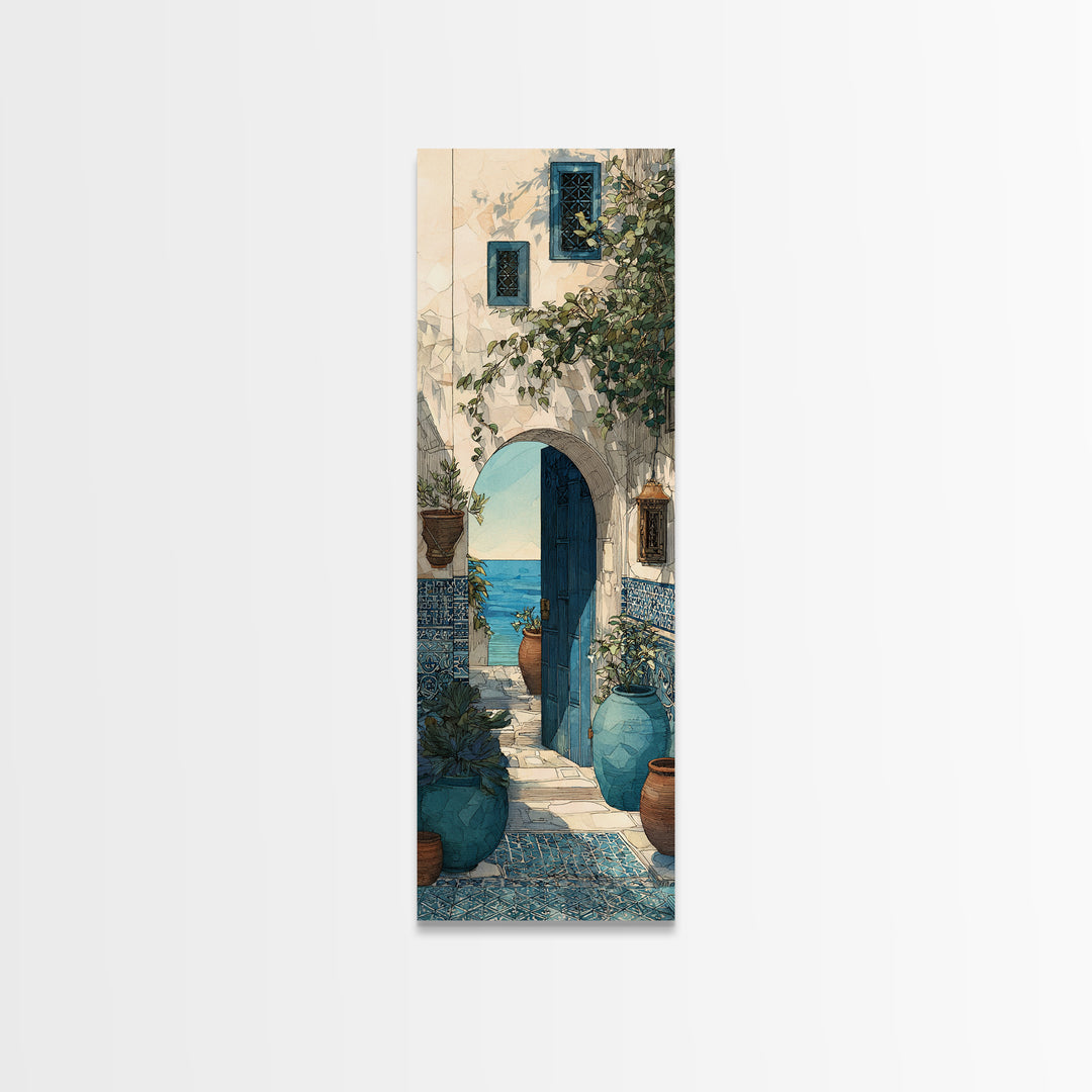 Mediterranean Arch Framing Blue Sea Framed Canvas Print, Italian Villa Art, Contemporary Art, Living Room Decor, Villa, IVA-1x3-92