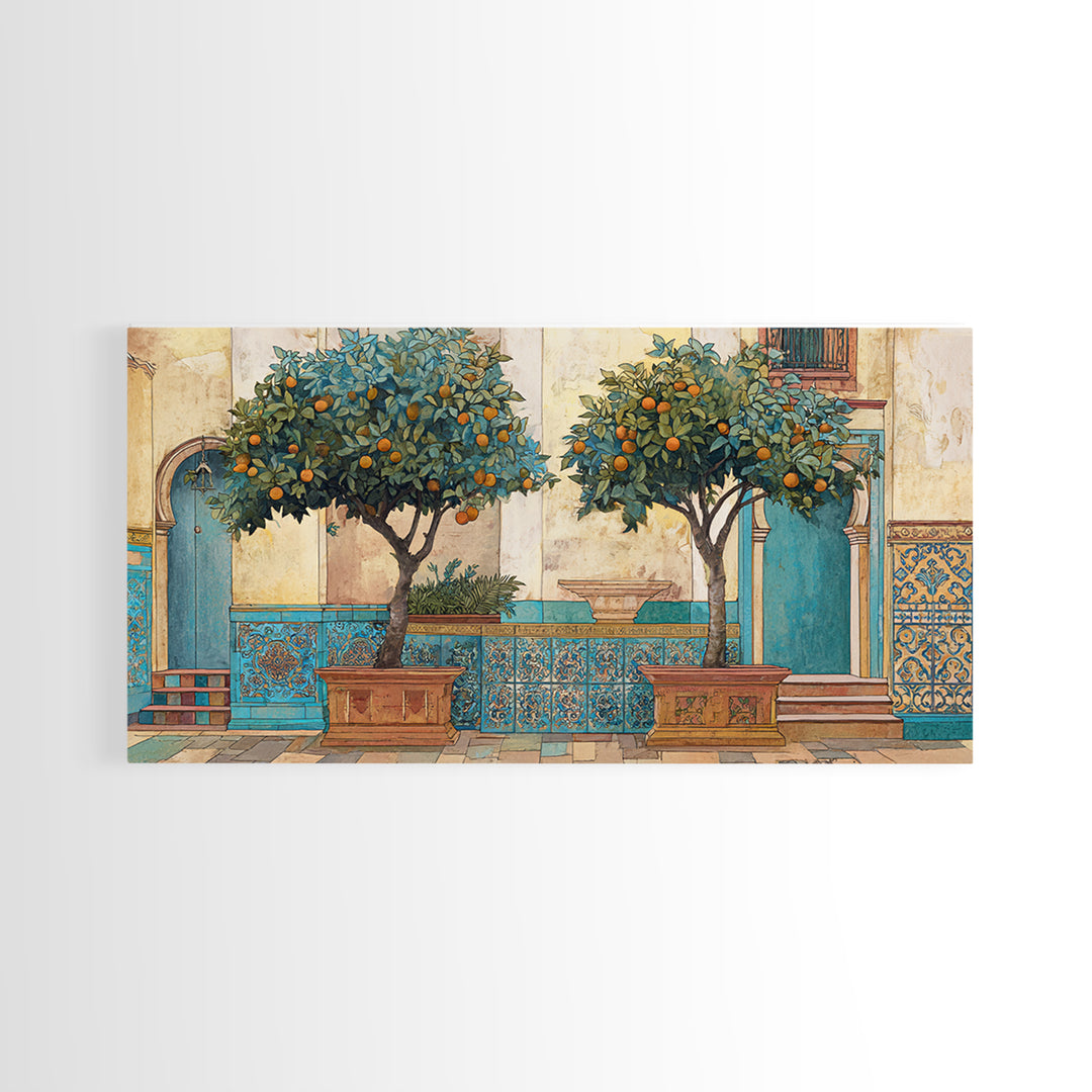 Orange Tree in a Courtyard Planter Framed Canvas Print, Italian Villa Art, Home Decor, Living Room Decor, Fine Art, Villa, IVA-2x1-10