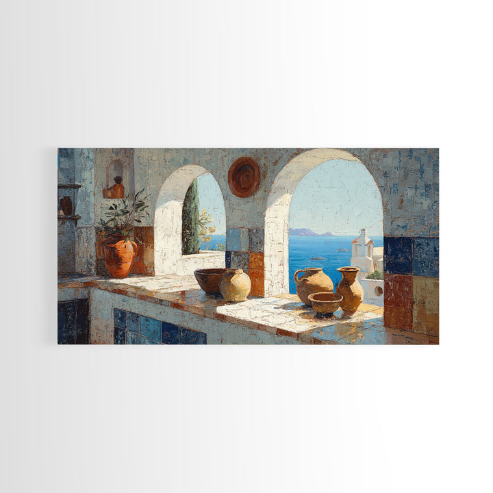 Mediterranean Arch Framing Blue Sea Framed Canvas Print, Italian Villa Art, Digital Download Art, Living Room Decor, Villa, IVA-2x1-100