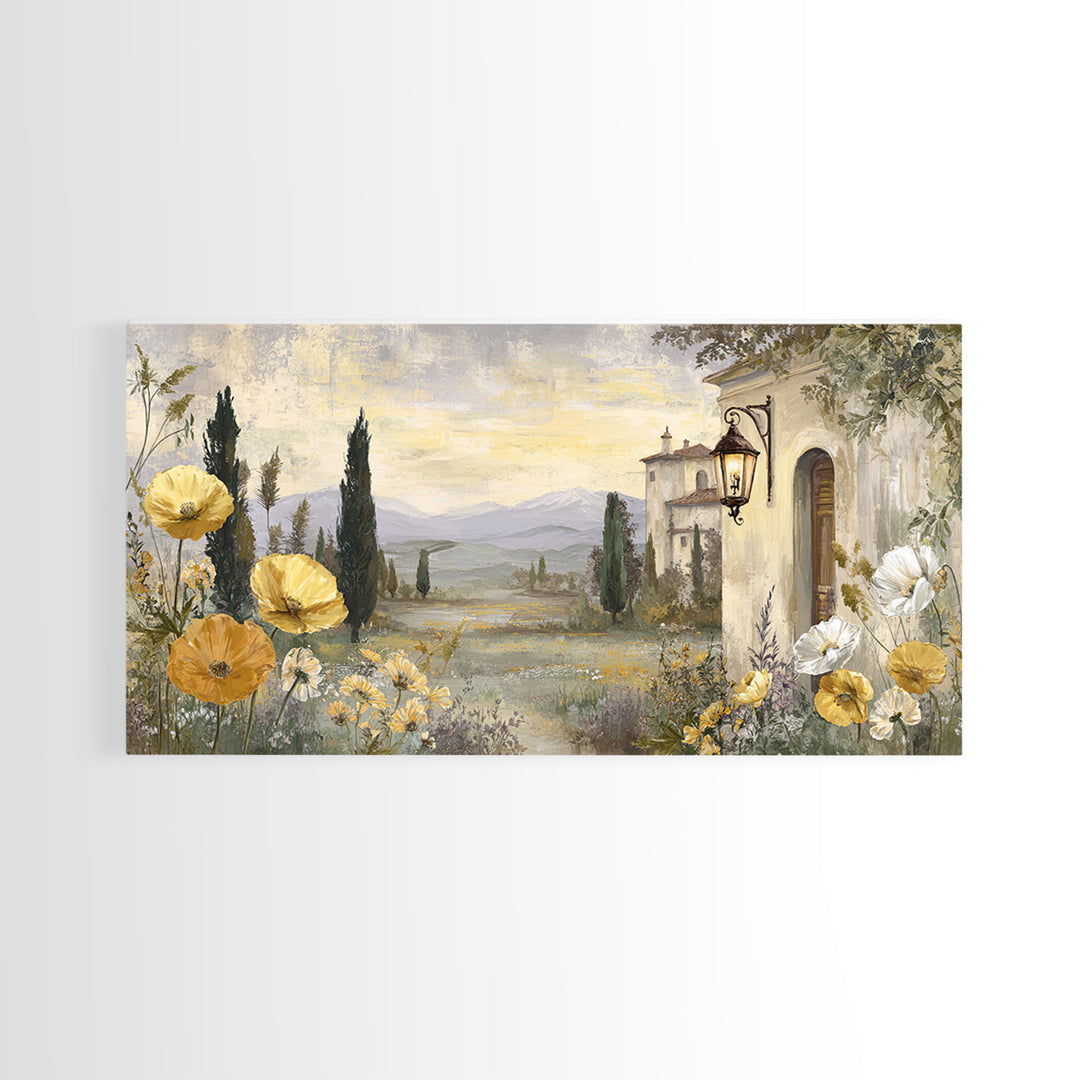 Tuscan Poppy Field Framed Canvas Print, Italian Villa Art, Landscape Painting, Living Room Decor, Villa, Digital Art Print, IVA-2x1-11