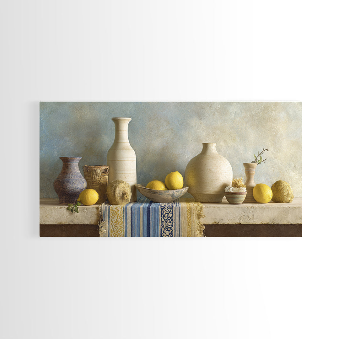 Coastal Lemons and Striped Cloth Arrangement Framed Canvas Print, Italian Villa Art, Modern Decor, Living Room Decor, Villa, IVA-2x1-20