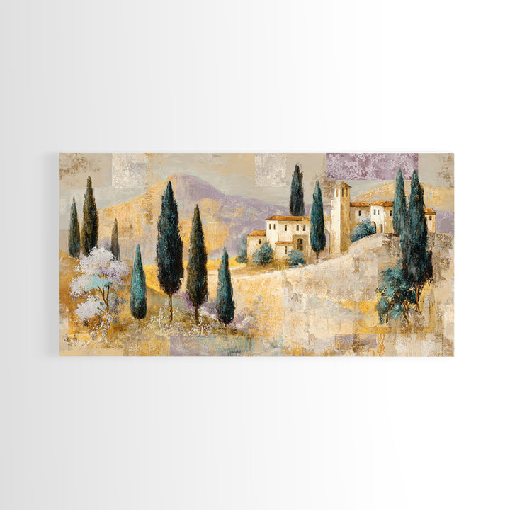 Tuscan Hillside with Cypress Trees and Golden Canvas Print, Italian Villa Art, Living Room Decor, Oil Painting, Villa, IVA-2x1-21