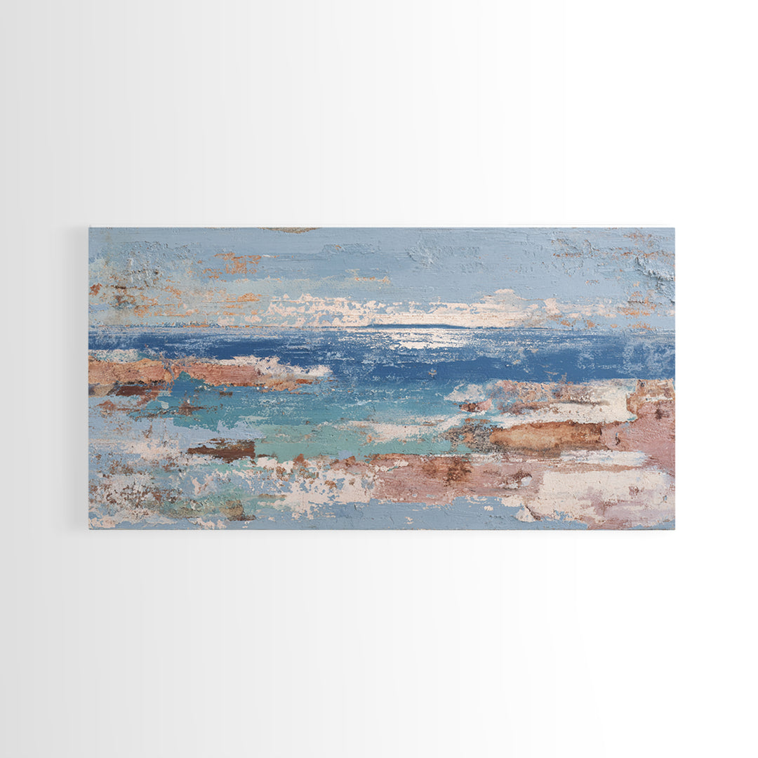 Mediterranean Arch Framing Blue Sea Framed Canvas Print, Italian Villa Art, Textured Painting, Living Room Decor, Villa, IVA-2x1-28