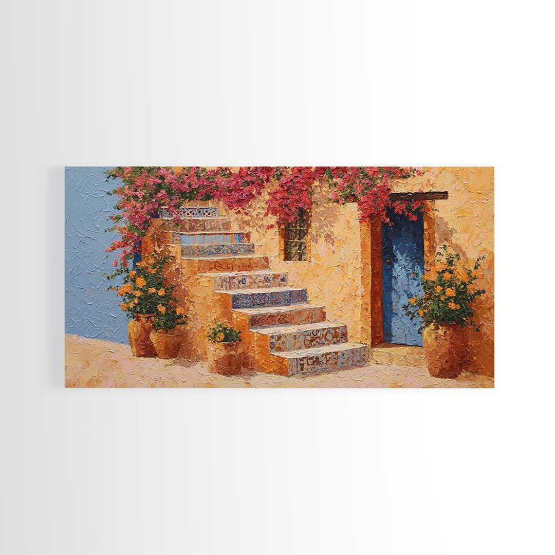 Sunlit Stone Stairway Canvas Print, Italian Villa Art, Original Painting, Living Room Decor, Villa, Landscape Painting, IVA-2x1-31