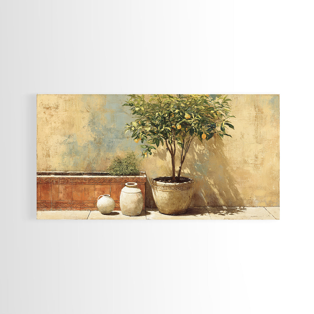 Orange Tree in a Courtyard Planter Framed Canvas Print, Italian Villa Art, Home Decor, Living Room Decor, Fine Art, Villa, IVA-2x1-34