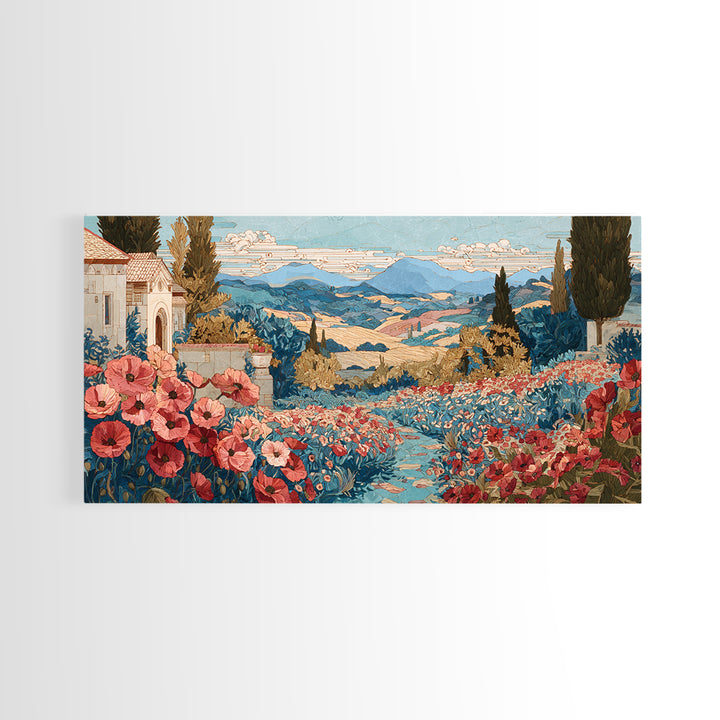 Tuscan Poppy Field Framed Canvas Print, Italian Villa Art, Boho Decor, Living Room Decor, Oil Painting, Villa, Digital Wall Art, IVA-2x1-35