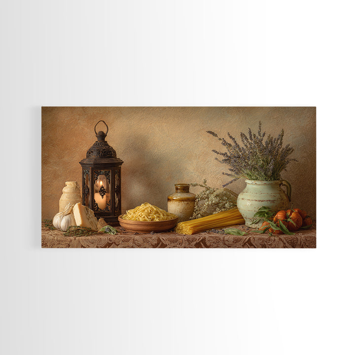Pasta Herbs and Tomatoes Still Life Canvas Print, Italian Villa Art, Minimalist Decor, Living Room Decor, Oil Painting, Villa, IVA-2x1-39