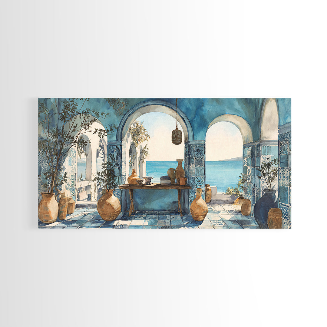 Mediterranean Arch Framing Blue Sea Canvas Print, Italian Villa Art, Statement Artwork, Living Room Decor, Fine Art, Villa, IVA-2x1-4