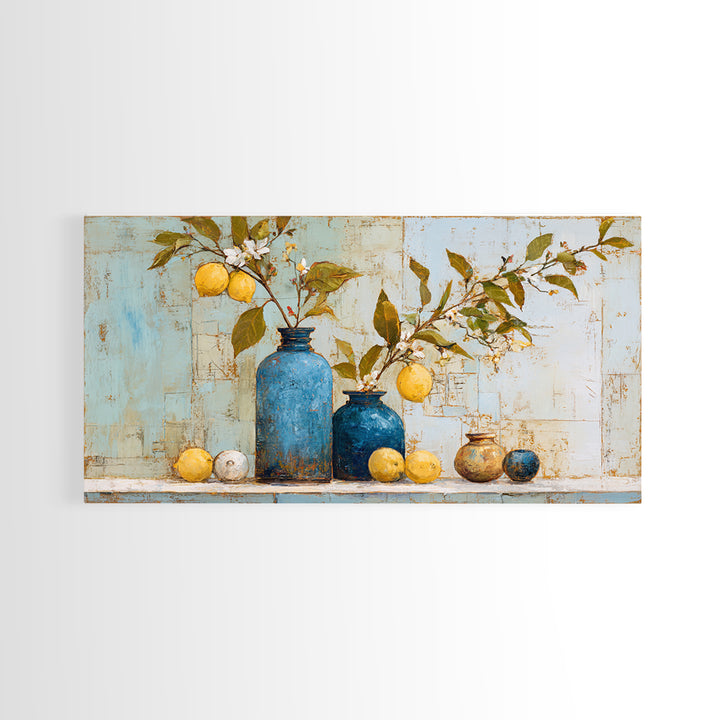 Lemon Branch in Blue Ceramic Vase Framed Canvas Print, Italian Villa Art, Neutral Decor, Living Room Decor, Fine Art, Villa, IVA-2x1-46