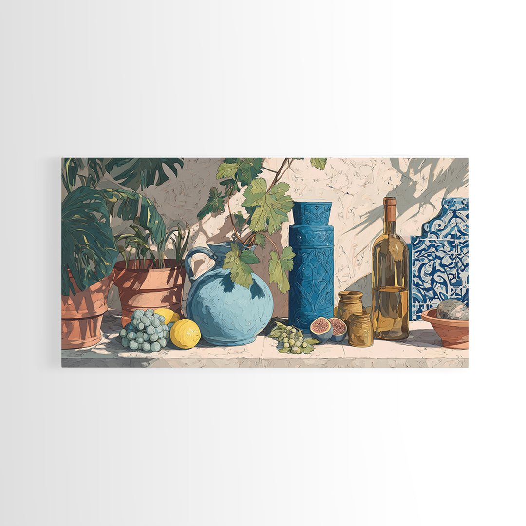 Grapevine and Wine Still Life on Linen Framed Canvas Print, Italian Villa Art, Printable Art, Living Room Decor, Abstract Art, IVA-2x1-51