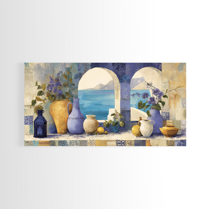Mediterranean Arch Framing Blue Sea Canvas Print, Italian Villa Art, Original Painting, Living Room Decor, Fine Art, Villa, IVA-2x1-52