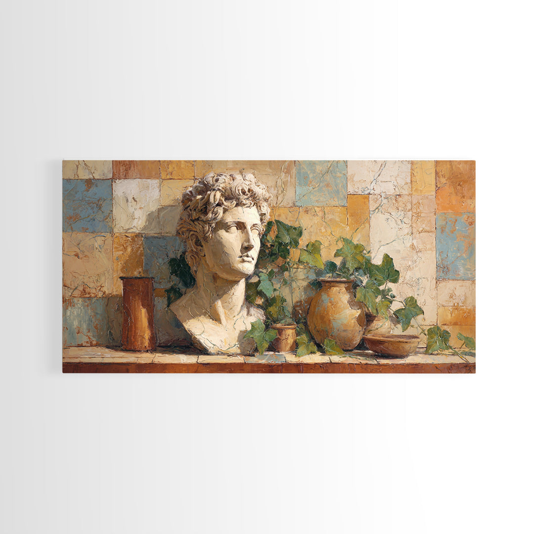 Classic Roman Statue Bust Framed Canvas Print, Italian Villa Art, Oil Painting, Living Room Decor, Villa, Farmhouse Wall Art, IVA-2x1-56
