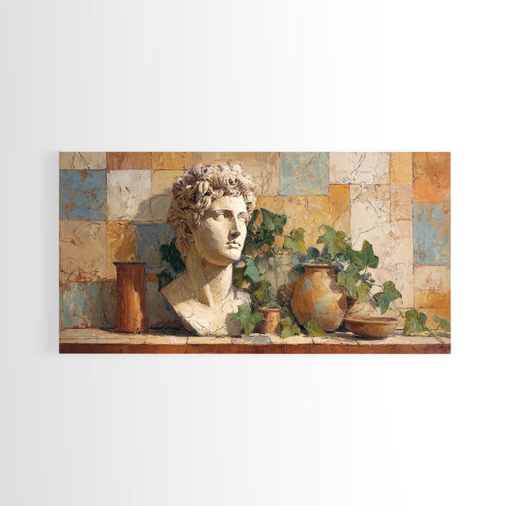 Classic Roman Statue Bust Framed Canvas Print, Italian Villa Art, Oil Painting, Living Room Decor, Villa, Farmhouse Wall Art, IVA-2x1-56
