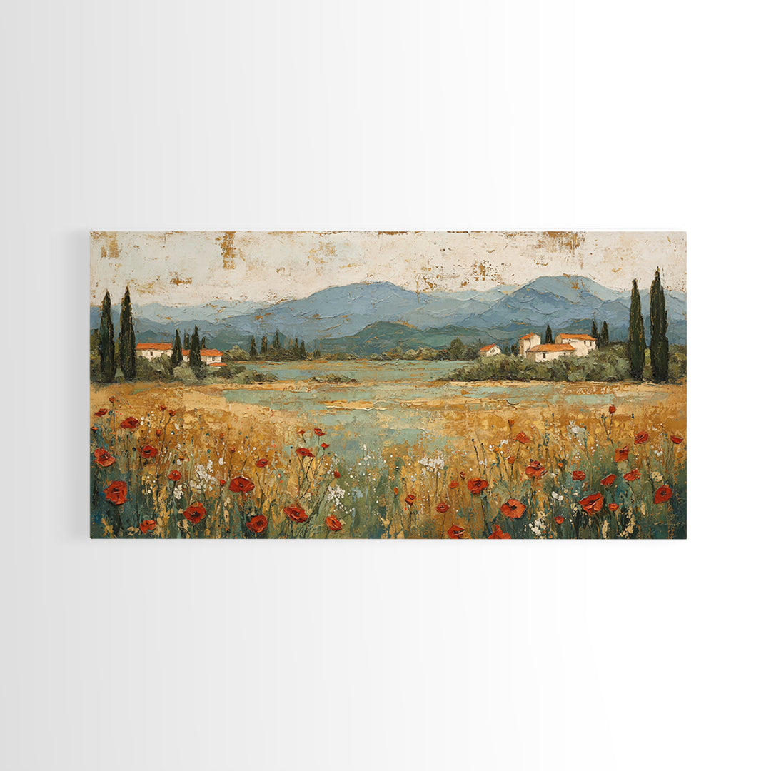 Tuscan Poppy Field Framed Canvas Print, Italian Villa Art, Landscape Painting, Living Room Decor, Watercolor Art, Villa, IVA-2x1-59