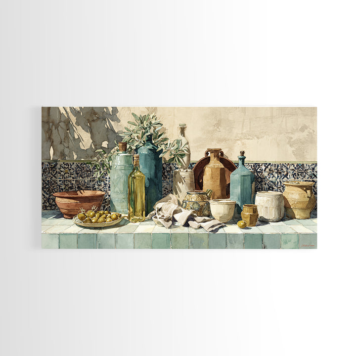 White Wine and Olives Still Life Framed Canvas Print, Italian Villa Art, Digital Wall Art, Living Room Decor, Oil Painting, IVA-2x1-60