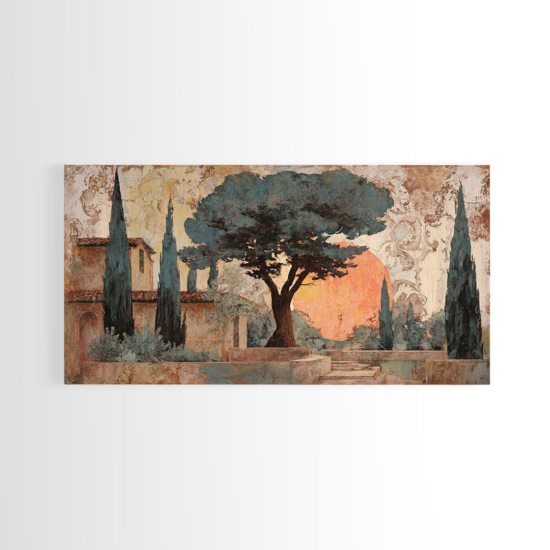 Cypress Silhouette at Sunset Framed Canvas Print, Italian Villa Art, Boho Decor, Living Room Decor, Abstract Art, Villa, IVA-2x1-65