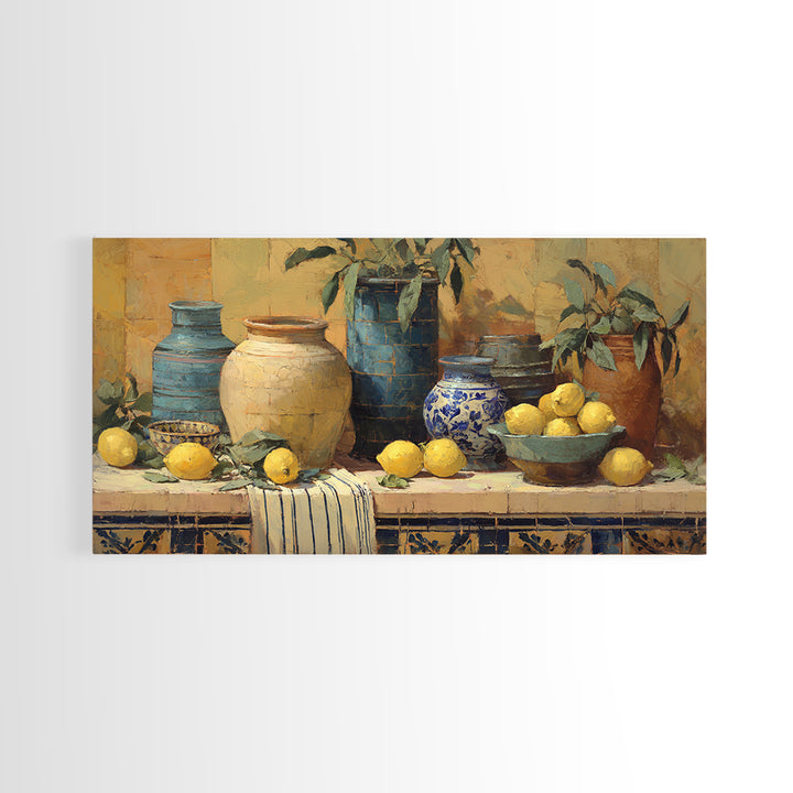 Coastal Lemons and Striped Cloth Arrangement Canvas Print, Italian Villa Art, Framed Wall Art, Living Room Decor, IVA-2x1-68