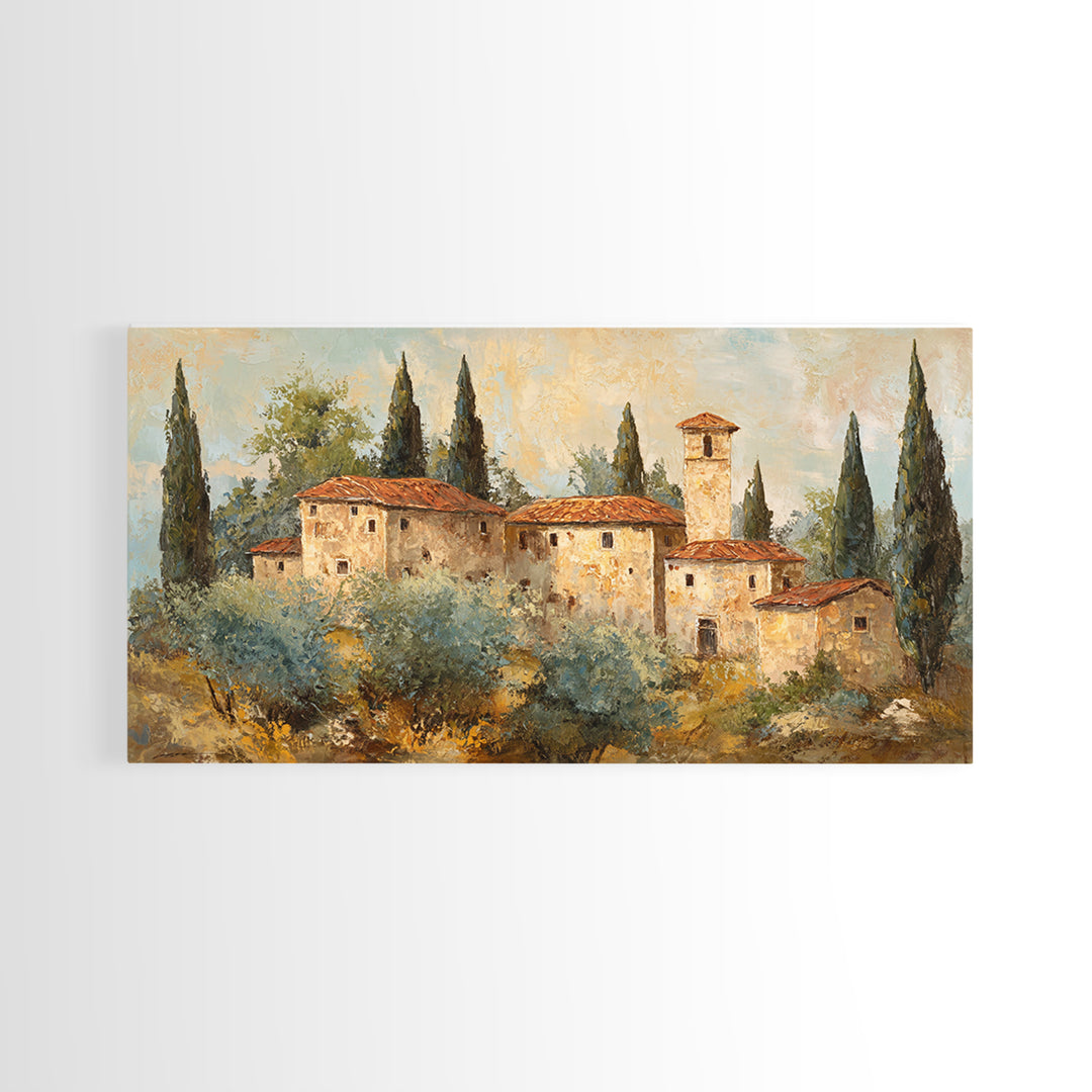 Tuscan Hillside with Cypress Trees and Golden Canvas Print, Italian Villa Art, Minimalist Decor, Living Room Decor, Villa, IVA-2x1-69