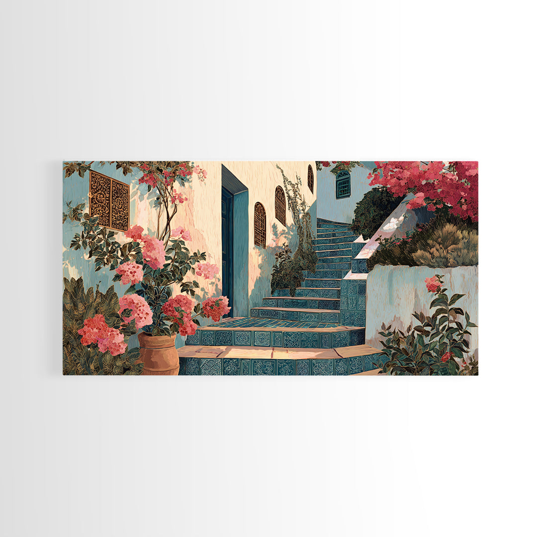 Sunlit Stone Stairway Framed Canvas Print, Italian Villa Art, Textured Painting, Living Room Decor, Villa, Bedroom Wall Art, IVA-2x1-7