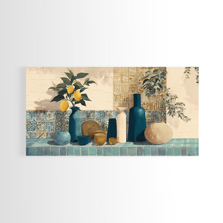 Lemon Branch in Blue Ceramic Vase Canvas Print, Italian Villa Art, Luxury Decor, Living Room Decor, Oil Painting, Villa, IVA-2x1-70