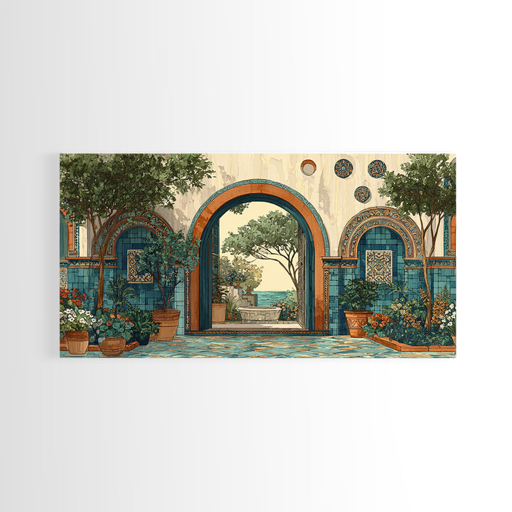 Mediterranean Arch Framing Blue Sea Canvas Print, Italian Villa Art, Coastal Decor, Living Room Decor, Fine Art, Villa, IVA-2x1-76