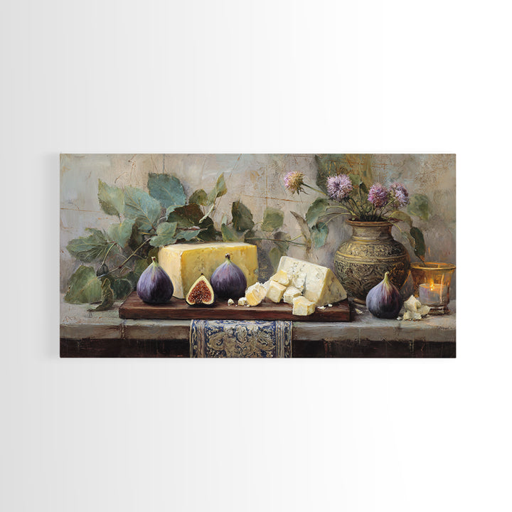 Figs and Cheese on Rustic Wooden Board Canvas Print, Italian Villa Art, Art Print, Living Room Decor, Oil Painting, Villa, IVA-2x1-77