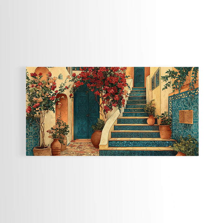 Sunlit Stone Stairway Framed Canvas Print, Italian Villa Art, Digital Download Art, Living Room Decor, Fine Art, Villa, IVA-2x1-79