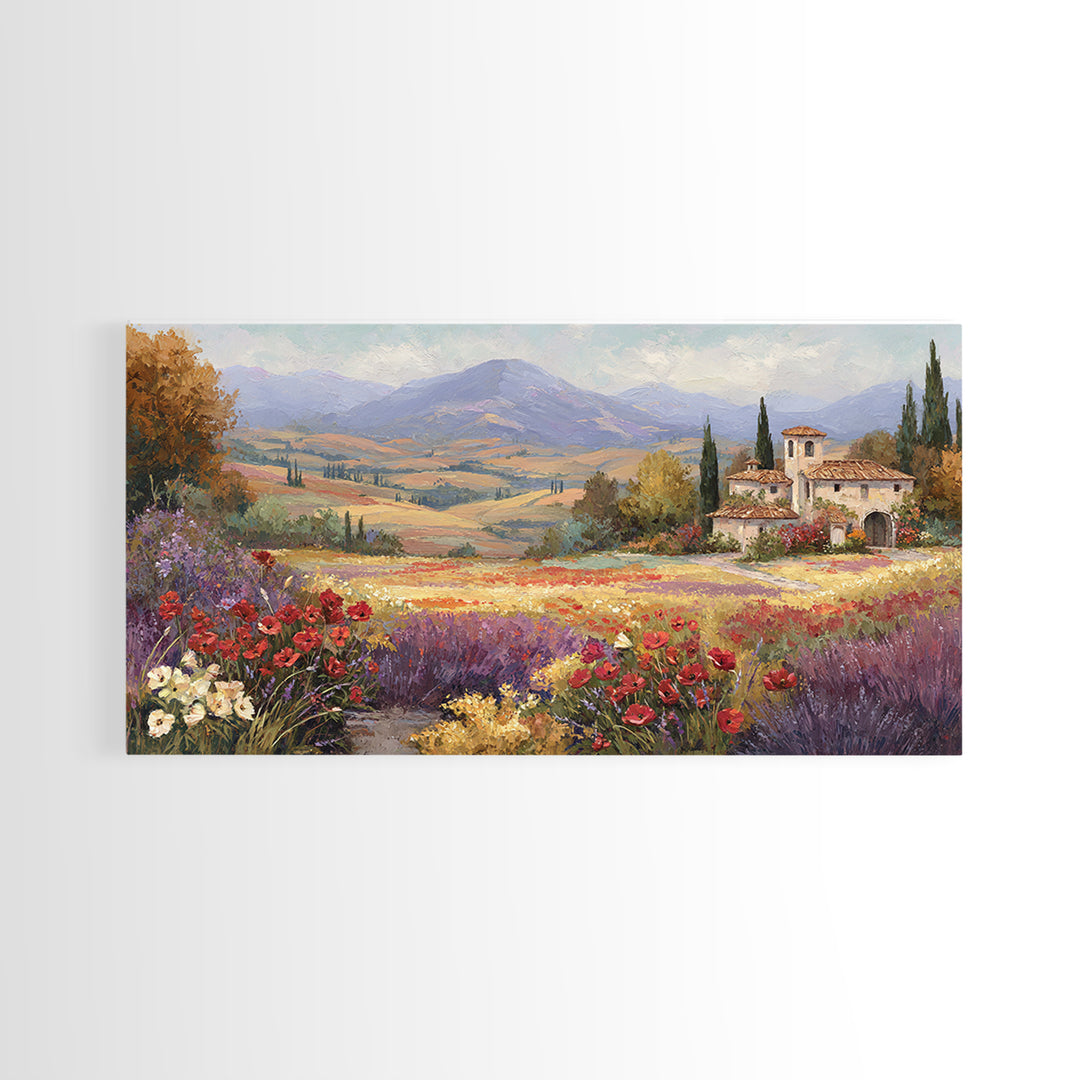 Tuscan Poppy Field Framed Canvas Print, Italian Villa Art, Boho Decor, Living Room Decor, Fine Art, Villa, Digital Wall Art, IVA-2x1-83