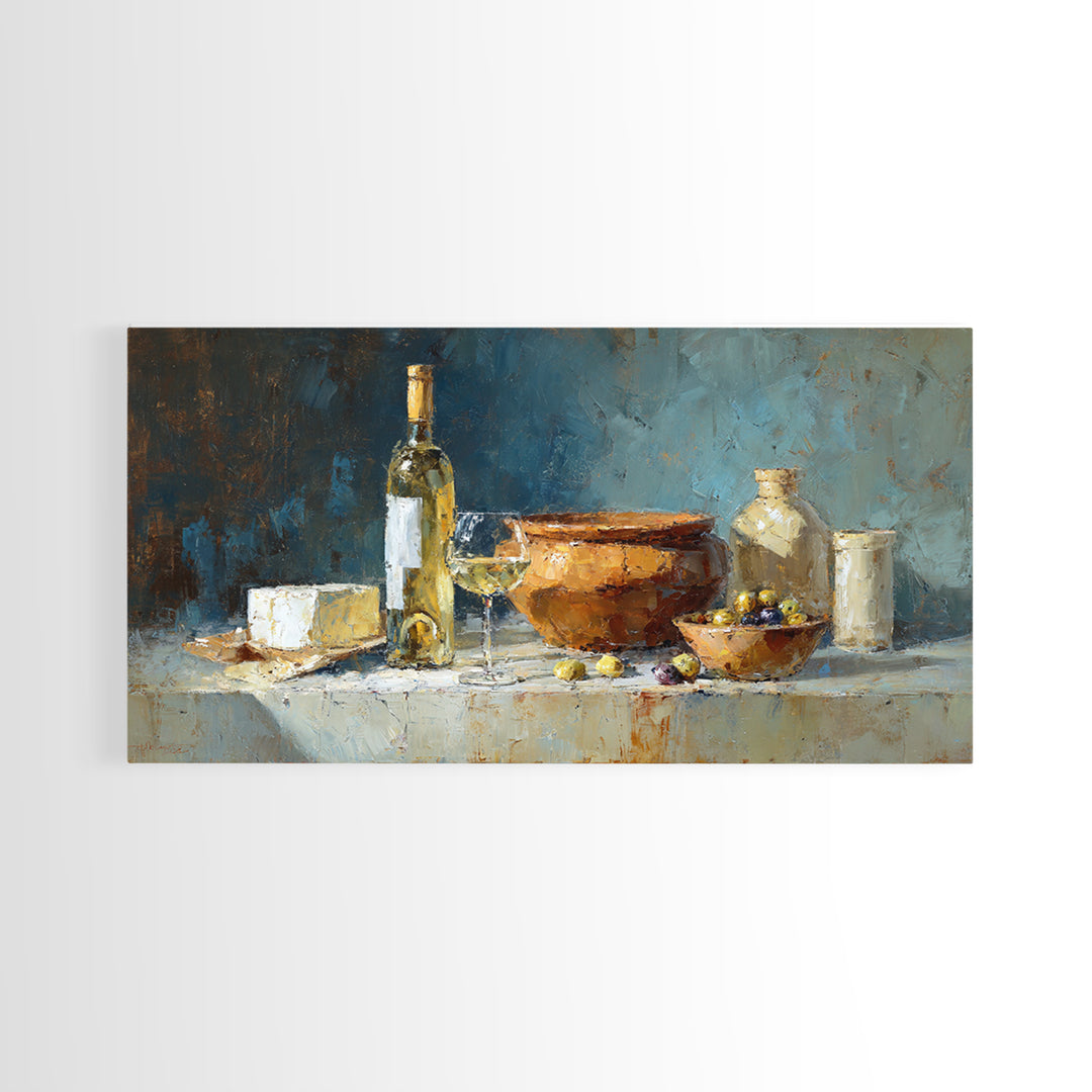 White Wine and Olives Still Life Framed Canvas Print, Italian Villa Art, Farmhouse Wall Art, Living Room Decor, Fine Art, Villa, IVA-2x1-84