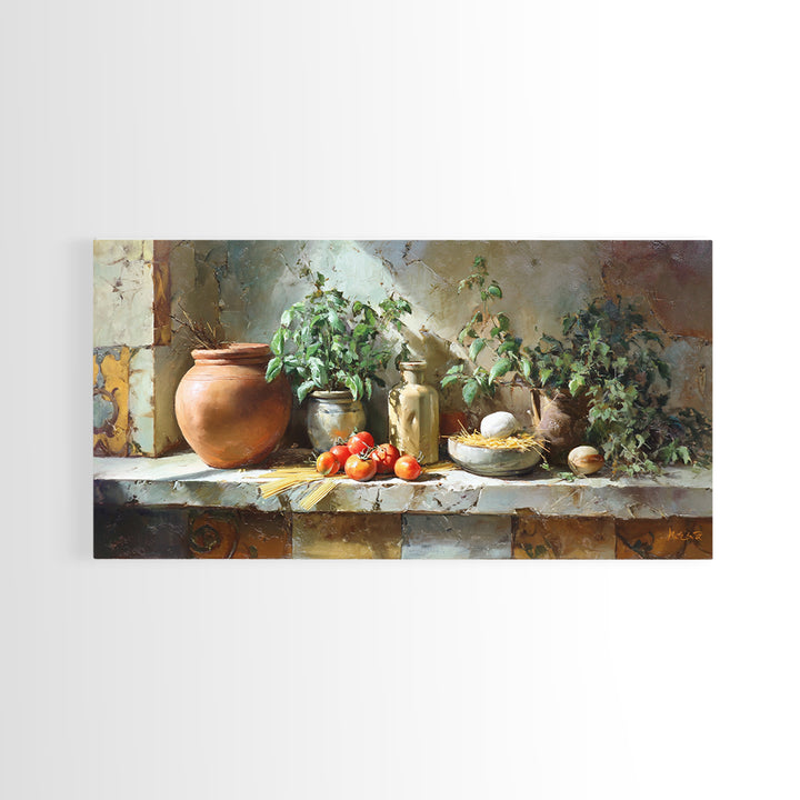 Pasta Herbs and Tomatoes Still Life Framed Canvas Print, Italian Villa Art, Farmhouse Wall Art, Living Room Decor, Villa, IVA-2x1-87