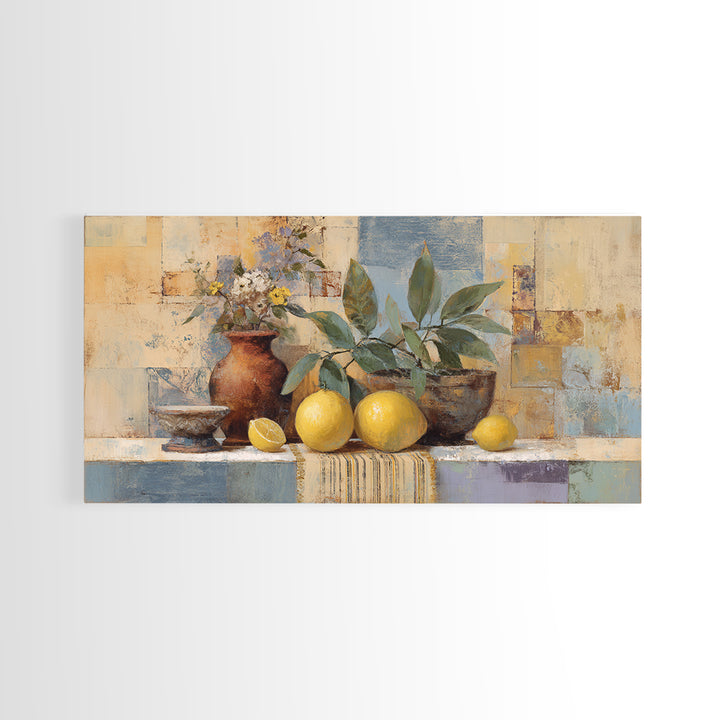 Coastal Lemons and Striped Cloth Arrangement Canvas Print, Italian Villa Art, Bedroom Wall Decor, Living Room Decor, Villa, IVA-2x1-92