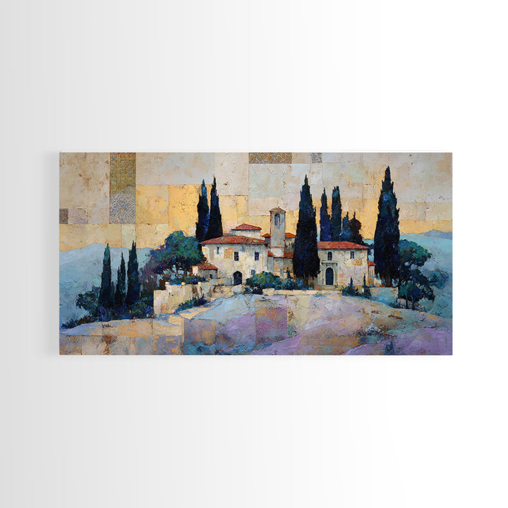 Tuscan Hillside with Cypress Trees and Golden Canvas Print, Italian Villa Art, Minimalist Decor, Living Room Decor, Villa, IVA-2x1-93