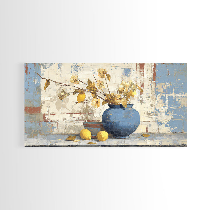 Lemon Branch in Blue Ceramic Vase Canvas Print, Italian Villa Art, Luxury Decor, Living Room Decor, Oil Painting, Villa, IVA-2x1-94