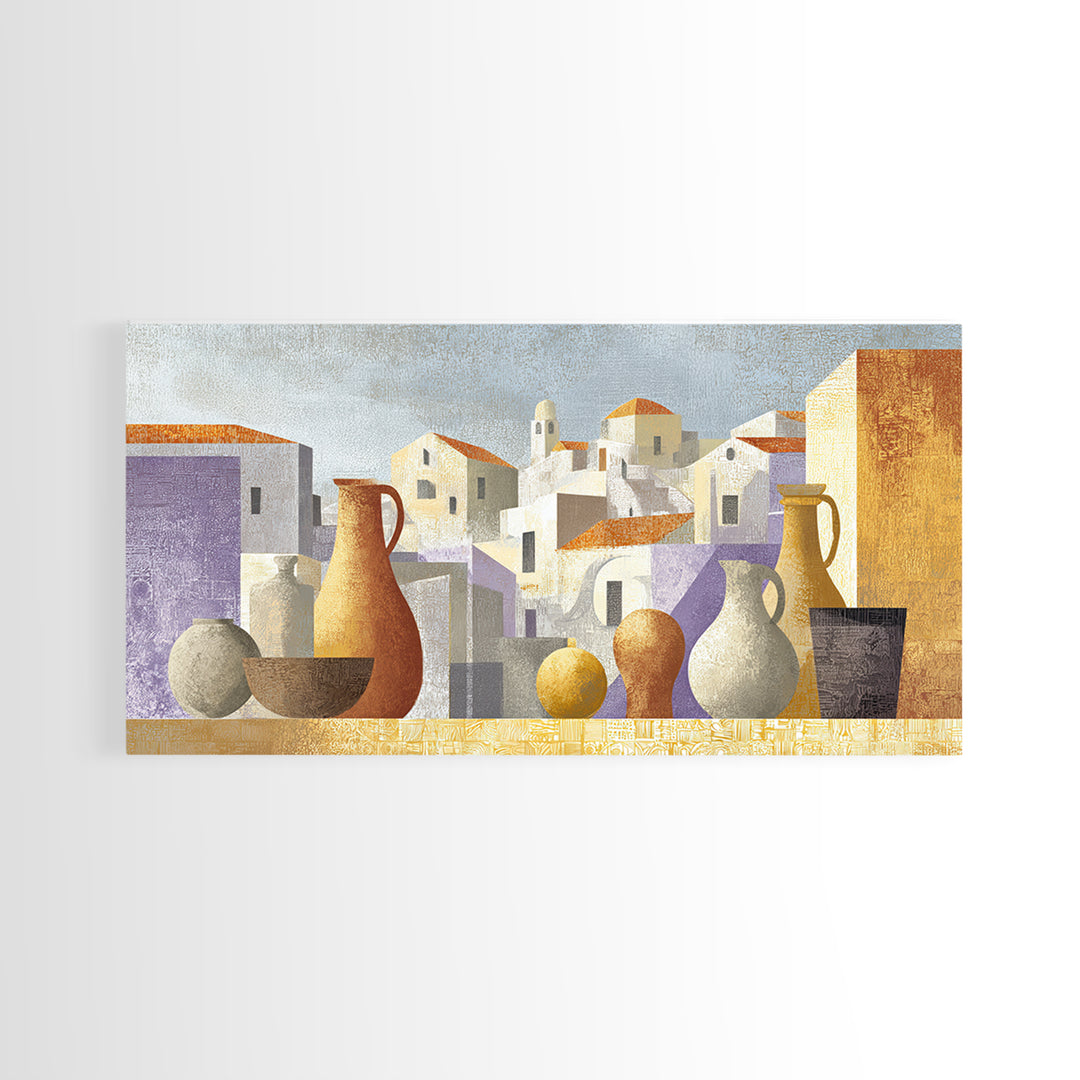 Terracotta Rooftops Against Pale Sky Framed Canvas Print, Italian Villa Art, Colorful Wall Art, Living Room Decor, Oil Painting, IVA-2x1-96
