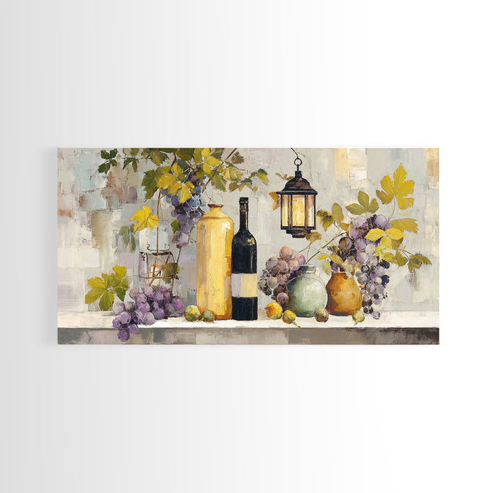 Grapevine and Wine Still Life on Linen Framed Canvas Print, Italian Villa Art, Printable Art, Living Room Decor, Abstract Art, IVA-2x1-99
