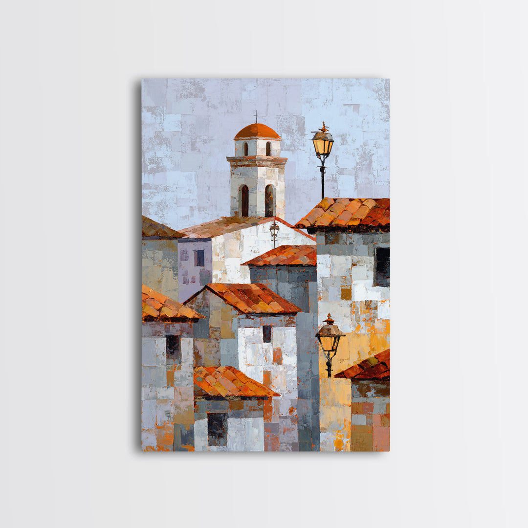 Terracotta Rooftops Against Pale Sky Framed Canvas Print, Italian Villa Art, Digital Art Print, Living Room Decor, Oil Painting, IVA-2x3-12