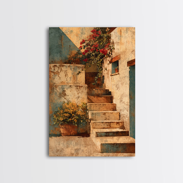 Sunlit Stone Stairway Framed Canvas Print, Italian Villa Art, Bedroom Wall Art, Living Room Decor, Villa, Travel Poster, IVA-2x3-19