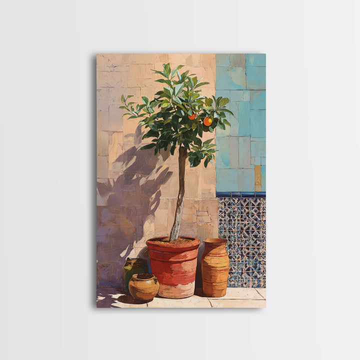 Orange Tree in a Courtyard Planter Framed Canvas Print, Italian Villa Art, Home Decor, Living Room Decor, Fine Art, Villa, IVA-2x3-22
