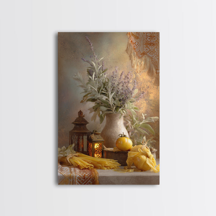 Pasta Herbs and Tomatoes Still Life Canvas Print, Italian Villa Art, Coastal Wall Art, Living Room Decor, Watercolor Art, Villa, IVA-2x3-27