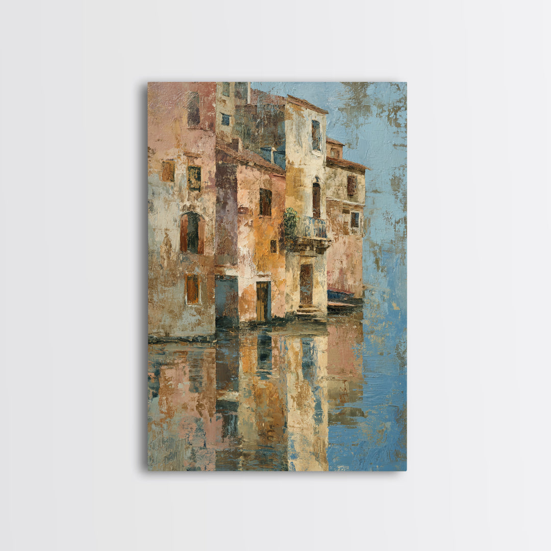 Venetian Canal Reflection Without City Crowd Canvas Print, Italian Villa Art, Textured Painting, Living Room Decor, Villa, IVA-2x3-28