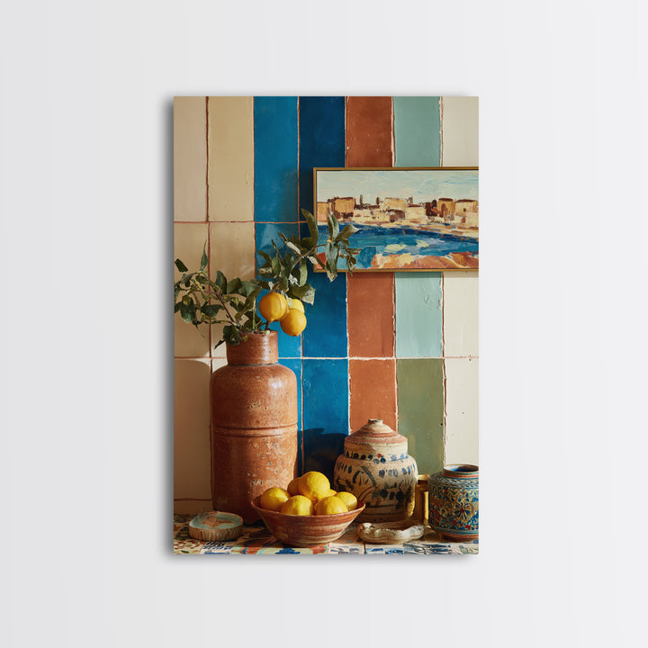 Coastal Lemons and Striped Cloth Arrangement Canvas Print, Italian Villa Art, Living Room Decor, Villa, Living Room Art, IVA-2x3-32